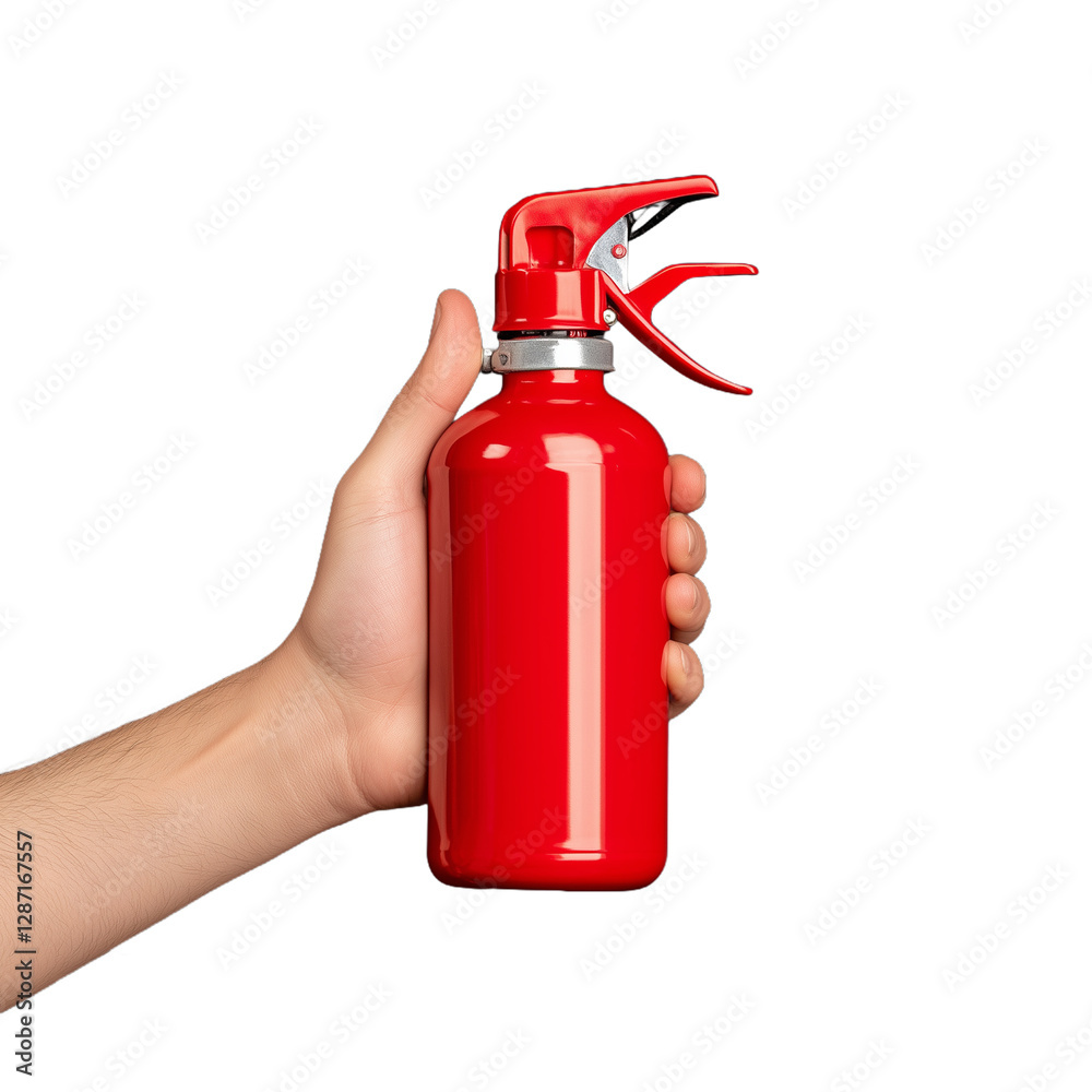 Person holding a red fire extinguisher with safety handle visible on transparent background, symbolizing emergency response and safety preparedness in everyday situations Person holding a red fire extinguisher with safety handle visible on transparent background, symbolizing emergency response and safety preparedness in everyday situations