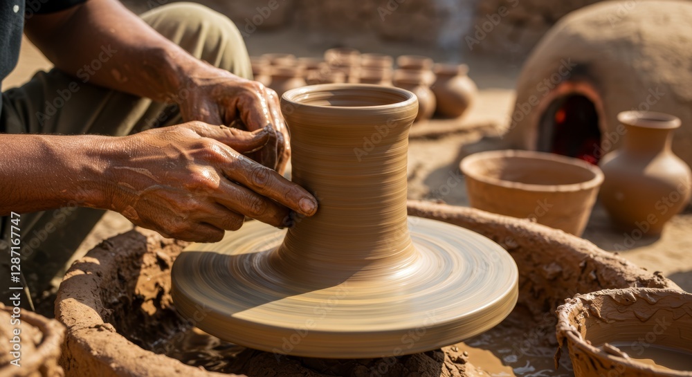 Artisan hands masterfully shaping clay vessel on a traditional kick wheel Artisan hands masterfully shaping clay vessel on a traditional kick wheel