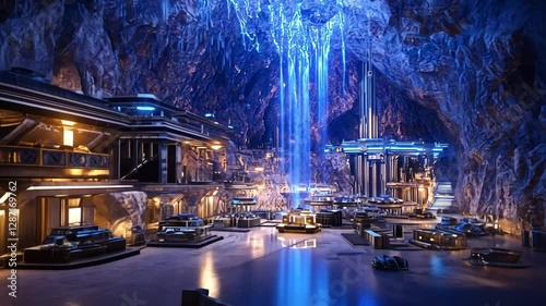 Futuristic interior depicting an elaborate underground city within a grand cavern system with a waterfall.