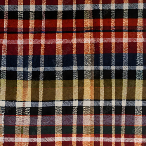 Plaid Pattern: A close-up shot showcases a vibrant plaid pattern, composed of intersecting lines of various colors, creating a classic textile design. 