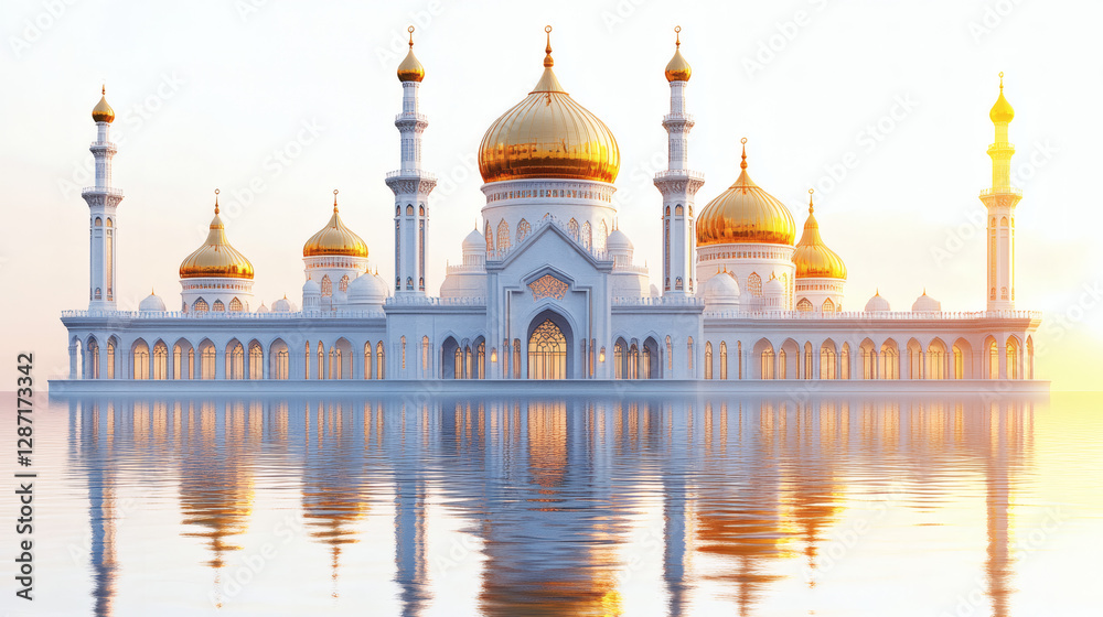 Obraz premium Grand White Mosque With Golden Domes On Calm Water At Sunrise