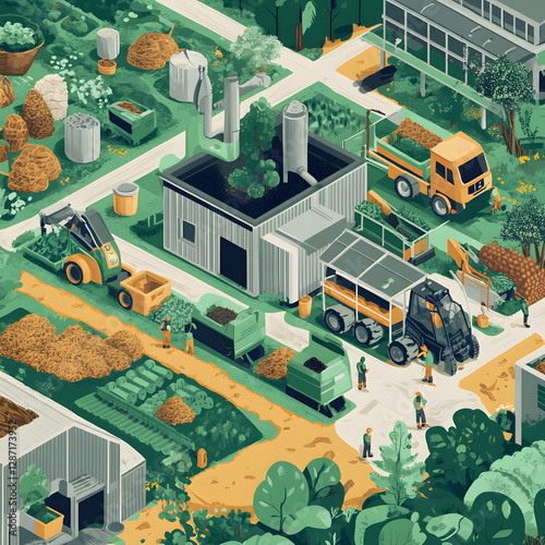 Detailed illustrations of the recycling process for organic waste and its use in creating compost for agriculture in a circular economy.