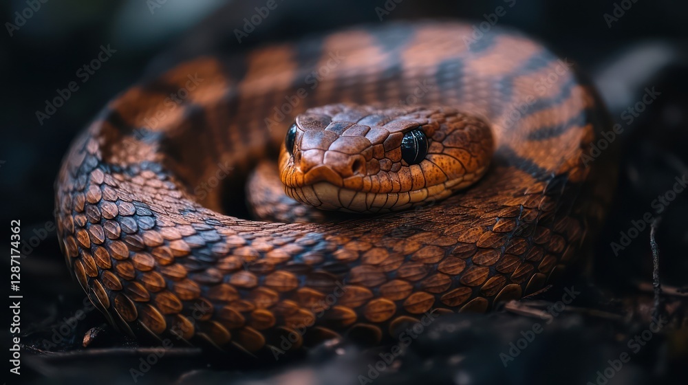 Coiled snake, forest floor, wildlife, close-up Coiled snake, forest floor, wildlife, close-up
