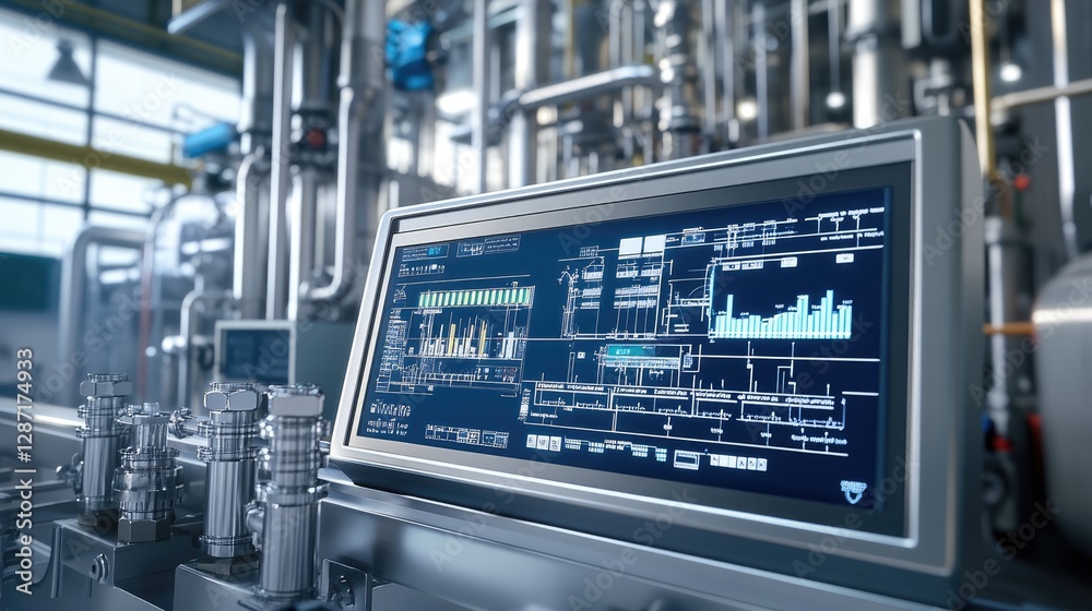 Advanced gas processing unit with a modern control panel and monitoring screens Advanced gas processing unit with a modern control panel and monitoring screens