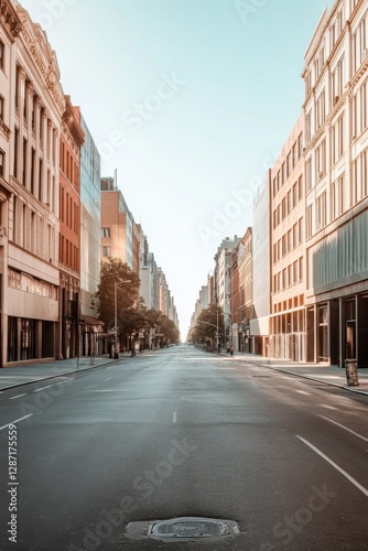 An empty city street stretches out, flanked by both modern and historic buildings, all bathed in the soft light of the early morning sky