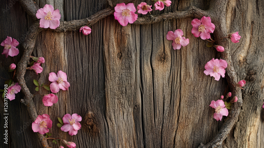 Wood texture enhanced with delicate pink flowers for elegant floral design Wood texture enhanced with delicate pink flowers for elegant floral design