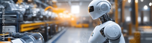 Wallpaper Mural A futuristic robot standing in a modern factory, showcasing advancements in automation and artificial intelligence, emphasizing the synergy between machines and human innovation. Torontodigital.ca