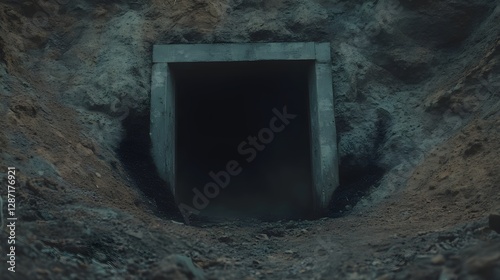 Dark entrance to abandoned mine shaft or tunnel in rocky terrain. Underground passage with square frame in mountain. Industrial archaeology and mining heritage site