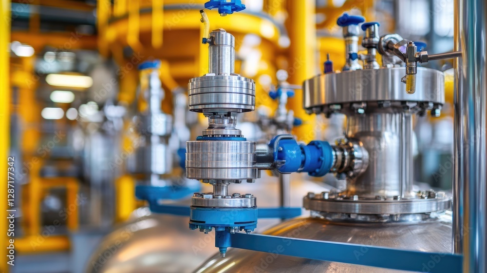Close-up of high-pressure distillation equipment extracting refined chemicals Close-up of high-pressure distillation equipment extracting refined chemicals