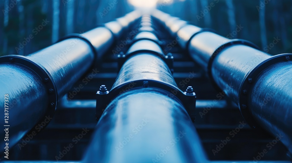 Close-up of high-pressure oil pipelines transporting crude oil for refining Close-up of high-pressure oil pipelines transporting crude oil for refining