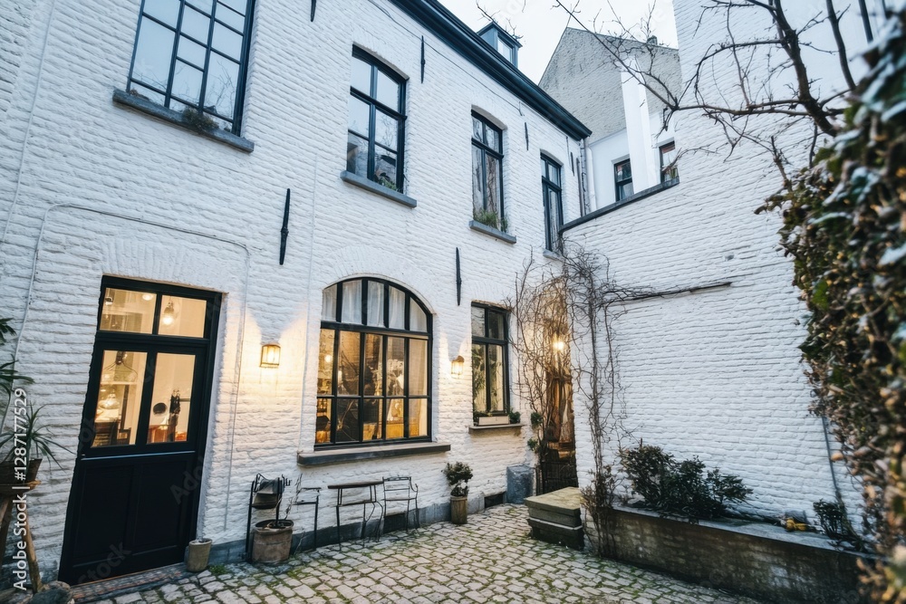 Fototapeta premium Charming courtyard of a quaint building in a historic district, showcasing cozy seating and lush greenery during twilight hours
