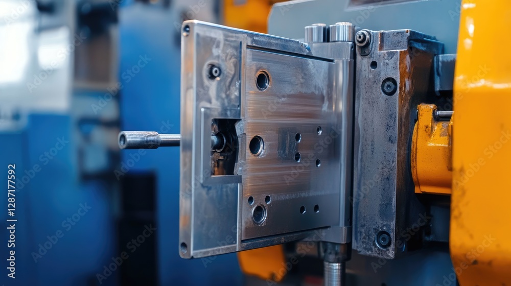 Close-up of injection mold tool being locked into place in an industrial machine Close-up of injection mold tool being locked into place in an industrial machine