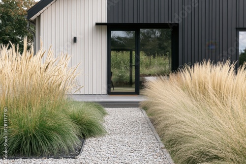 The exterior of a modern house showcases beautifully arranged decorative grasses alongside a stylish gravel pathway, all within a contemporary design aesthetic, illuminated by daylight photo