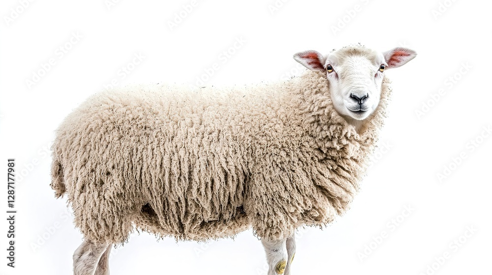 Fototapeta premium Fluffy sheep in peaceful isolation white background animal portrait calm environment close-up view serenity concept