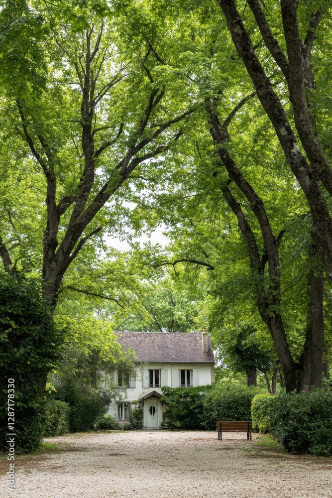 A delightful house is beautifully tucked away among towering, lush trees, surrounded by a tranquil green scenery under a warm and peaceful afternoon sun A delightful house is beautifully tucked away among towering, lush trees, surrounded by a tranquil green scenery under a warm and peaceful afternoon sun