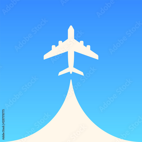 White airplane on sky blue cloudy background. Vector minimal icon or logo.