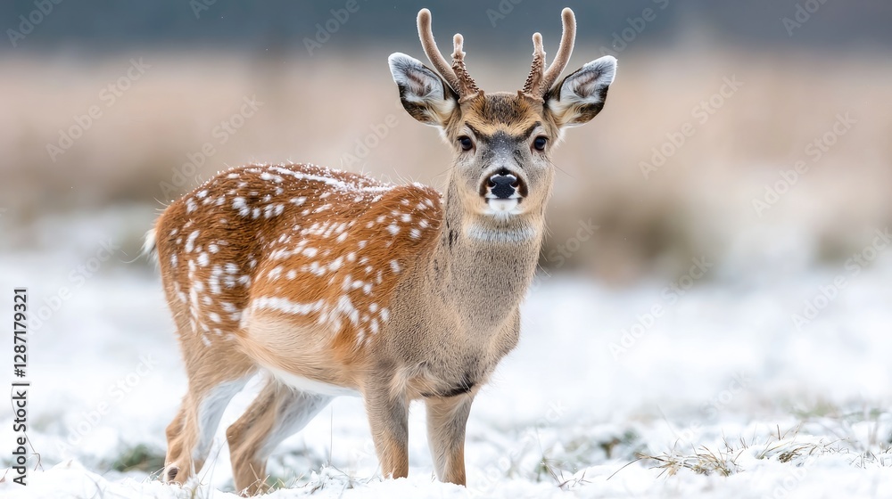 Spotted deer in snowy field, winter wildlife Spotted deer in snowy field, winter wildlife