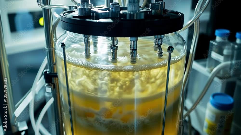 A medium closeup of a bioreactor filled with a cloudy broth illuminated by soft light showcasing intricate tubing and sensors that monitor the fermentation process of beneficial microorganisms.