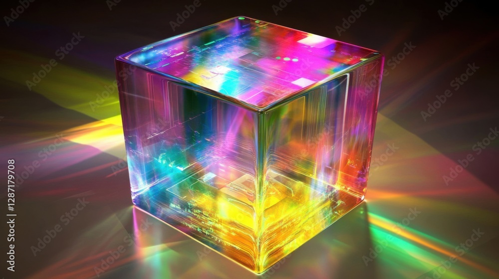 Colorful abstract cube with light refraction in dark environment close-up Colorful abstract cube with light refraction in dark environment close-up