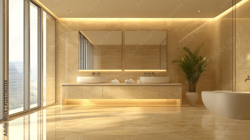 Fototapeta premium Luxurious bathroom featuring marble tiling and a bright open window