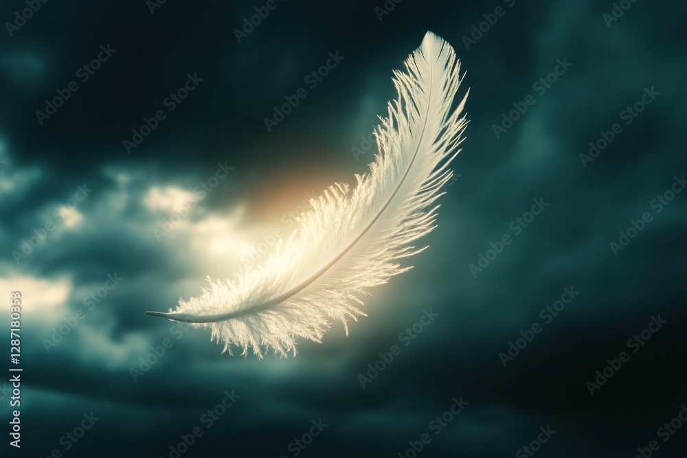 Feather floating in dramatic cloudy sky Feather floating in dramatic cloudy sky