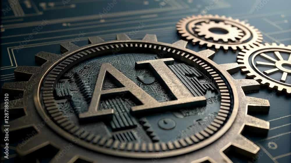 Artificial Intelligence Technology with Metallic Gears and Circuit Board Concept