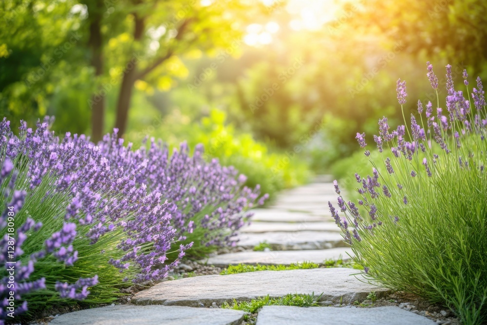 Obraz premium Lush lavender pathways create a tranquil garden scene bathed in golden sunlight during a warm afternoon in a serene outdoor setting