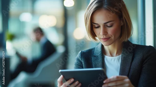 Fototapeta na wymiar Focused businesswoman using tablet modern office professional