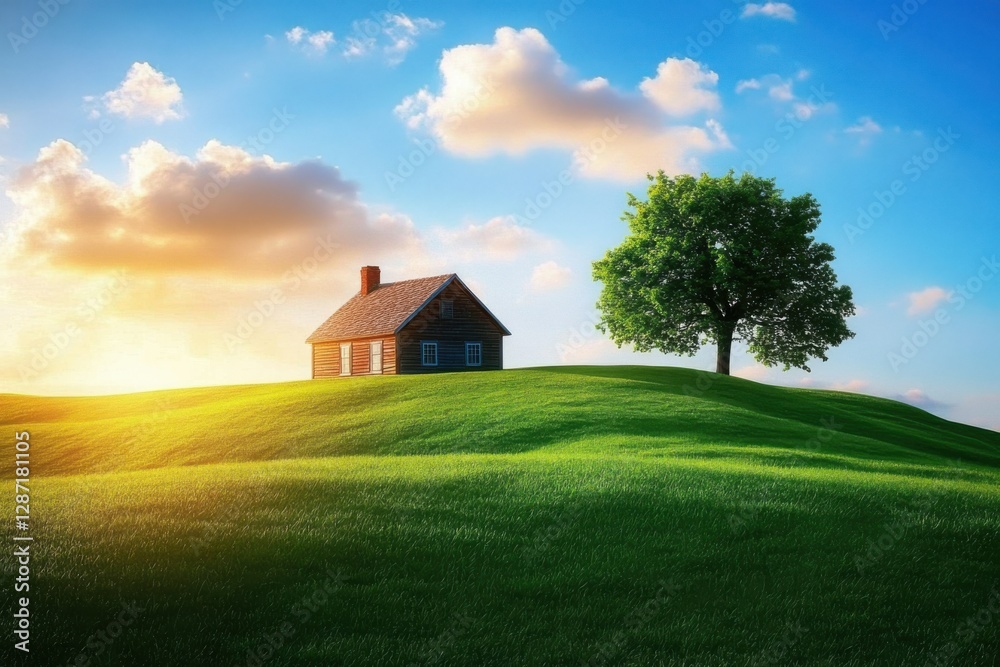 Sunset light illuminates a quaint wooden house on a grassy hill surrounded by lush greenery and a single large tree in a peaceful natural setting Sunset light illuminates a quaint wooden house on a grassy hill surrounded by lush greenery and a single large tree in a peaceful natural setting