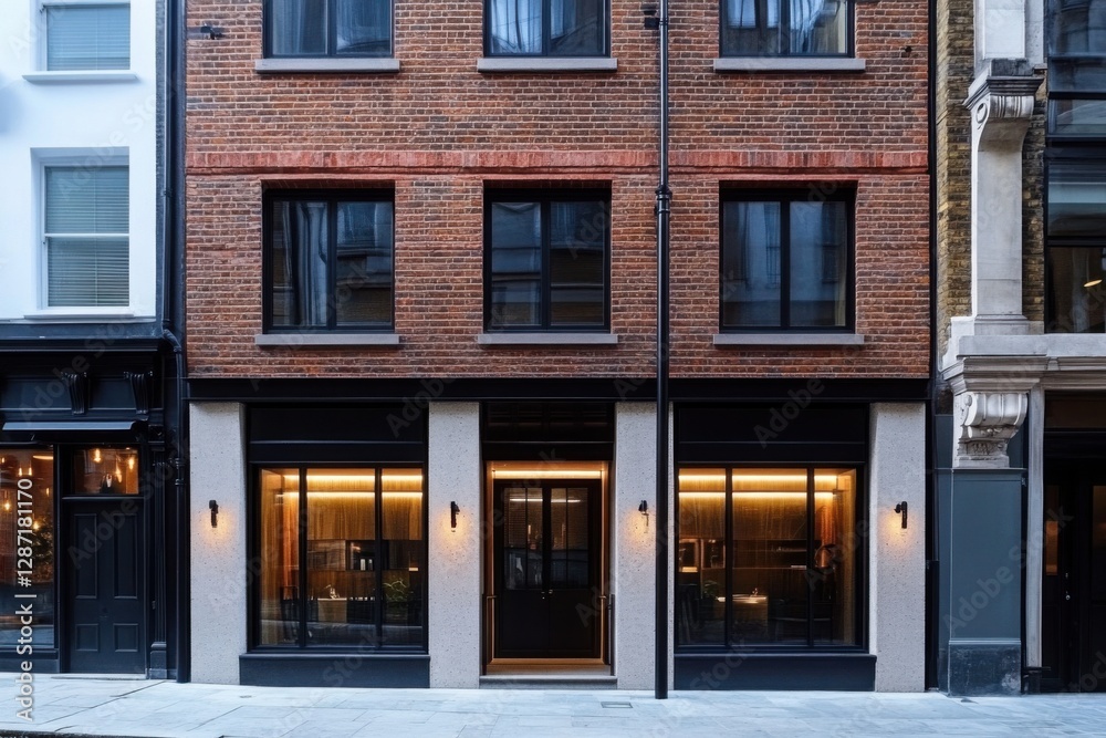 Urban architecture showcases a modern brick building with large windows in a vibrant city setting during late afternoon light