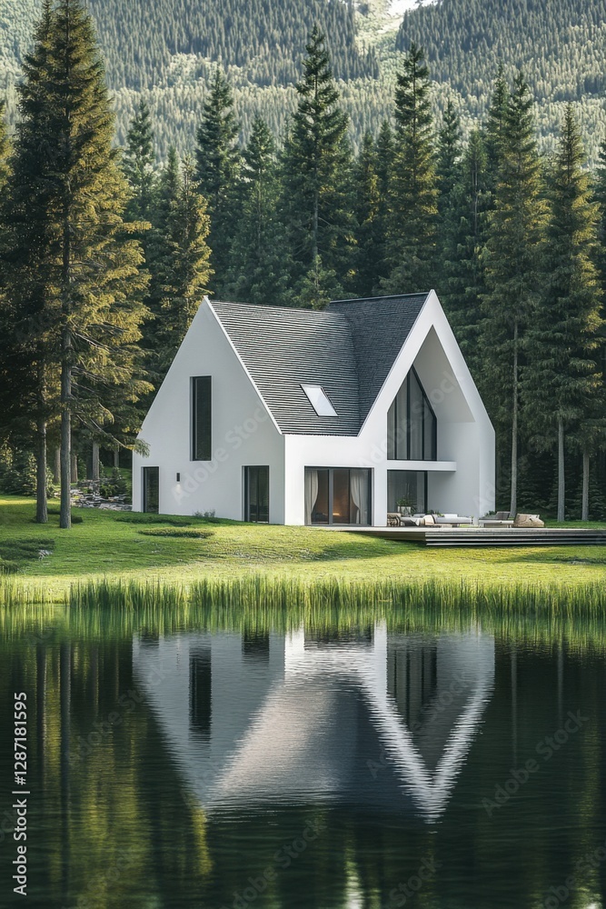 Modern white house reflecting on a calm lake surrounded by lush green forest in a serene landscape during a bright sunny day Modern white house reflecting on a calm lake surrounded by lush green forest in a serene landscape during a bright sunny day