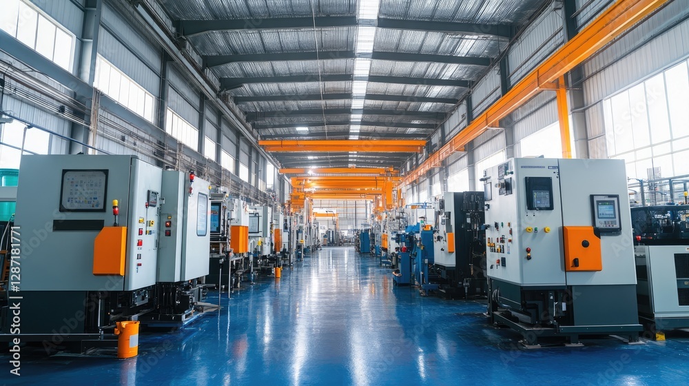 Industrial-scale injection molding machines in a factory dedicated to plastic production Industrial-scale injection molding machines in a factory dedicated to plastic production