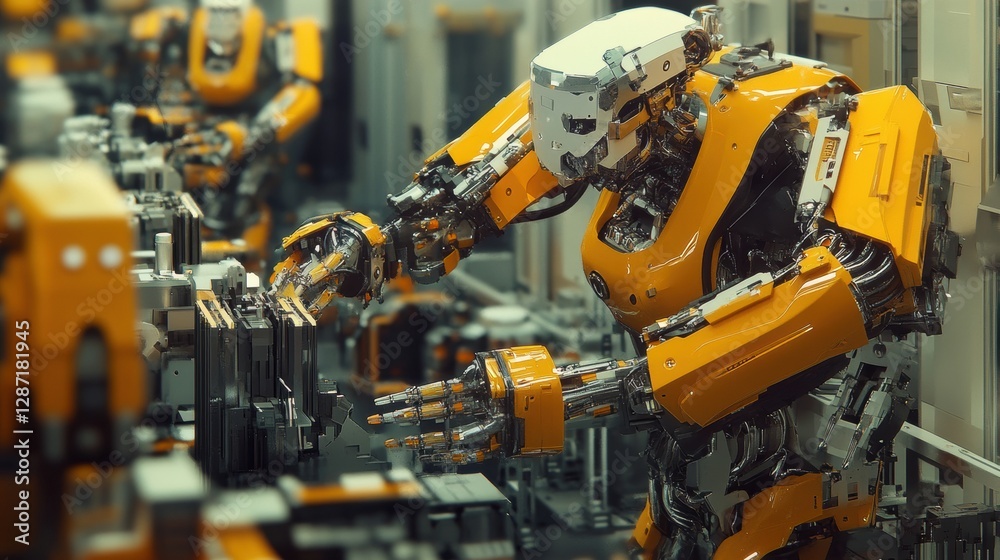 Fototapeta premium Industrial robots assembling products in high-tech factory environment