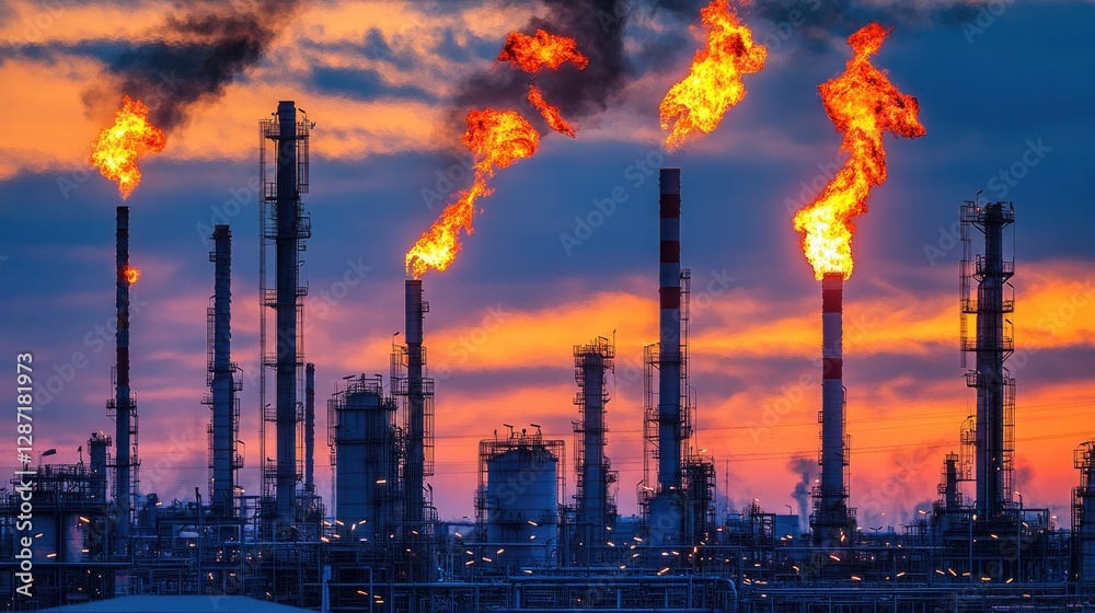Obraz premium Industrial flare stack burning excess gas at an oil refinery with flames in the sky