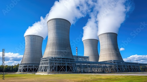 Industrial cooling towers releasing steam at a petroleum processing facility photo