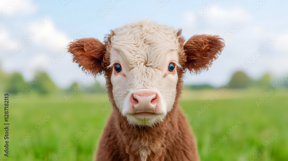 Cute calf in green pasture, sunny day. Perfect for farming ads Cute calf in green pasture, sunny day. Perfect for farming ads