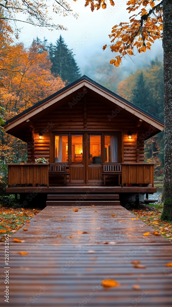 Autumn Cabin Amidst Misty Woods with Vibrant Foliage and Wooden Pathway Autumn Cabin Amidst Misty Woods with Vibrant Foliage and Wooden Pathway