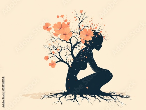 An artistic representation of a woman merging with nature and vibrant flowers.