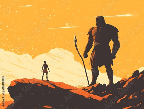 David Confronting Goliath Illustration on Cliff at Sunset with Orange Sky