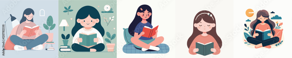 vector set of girls reading books vector set of girls reading books