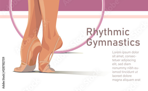 Rhythmic gymnast feet in close up and a pink hoop behind. Vector template banner.