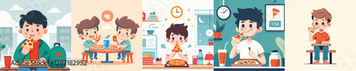 vector of a boy eating pizza