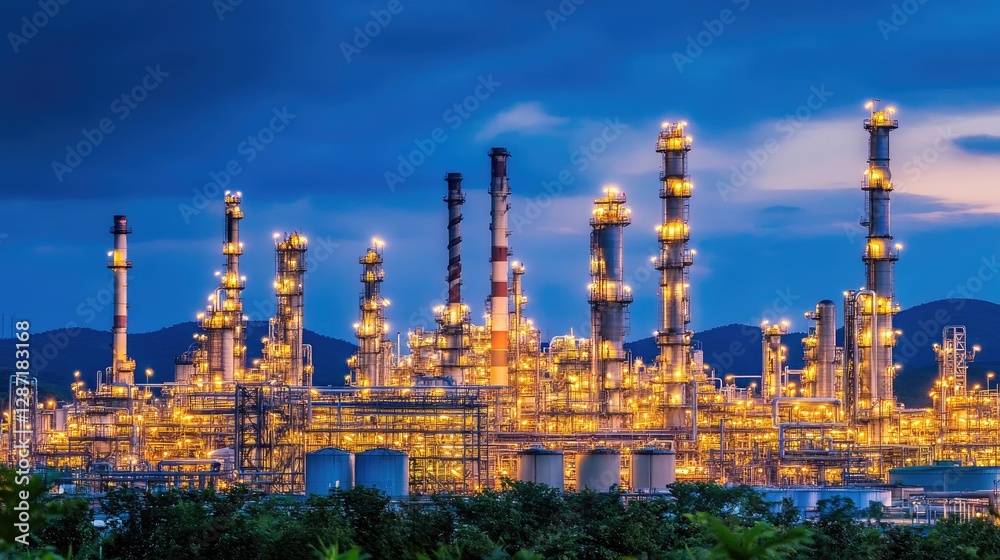 Obraz premium Large petrochemical refinery at night illuminated by industrial lighting