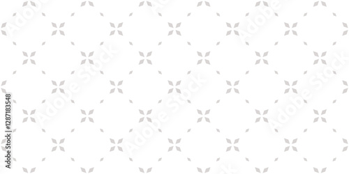 Cute minimal floral geometric seamless pattern. Simple vector abstract background with small flowers, leaves, diamonds, grid. Subtle gray and white minimalist texture. Elegant repeated geo design