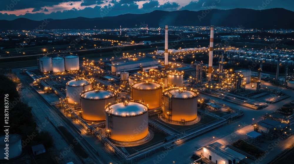 Obraz premium Massive gas storage and processing facility illuminated under bright industrial lights