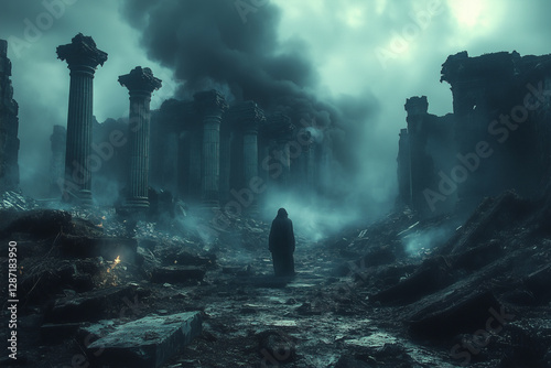 Ruins of an ancient city enveloped in fog with a lone figure in the foreground at twilight
