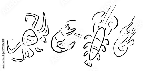 Whimsical sea animals set, crabs, lobsters, prawn, and shrimps set, marine clipart