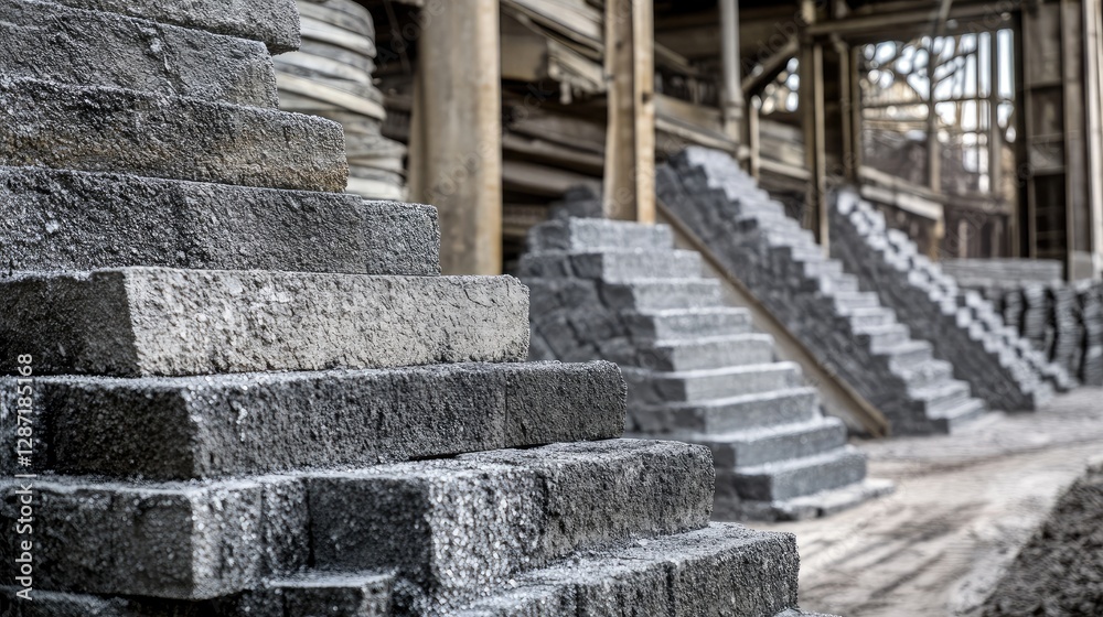 Stacks of metal ore concentrate in a mineral refining warehouse Stacks of metal ore concentrate in a mineral refining warehouse