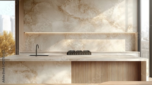 Elegant kitchen interior with marble surfaces and city view