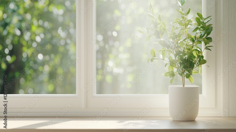 Sunlight illuminates potted plant on windowsill, peaceful garden view Sunlight illuminates potted plant on windowsill, peaceful garden view